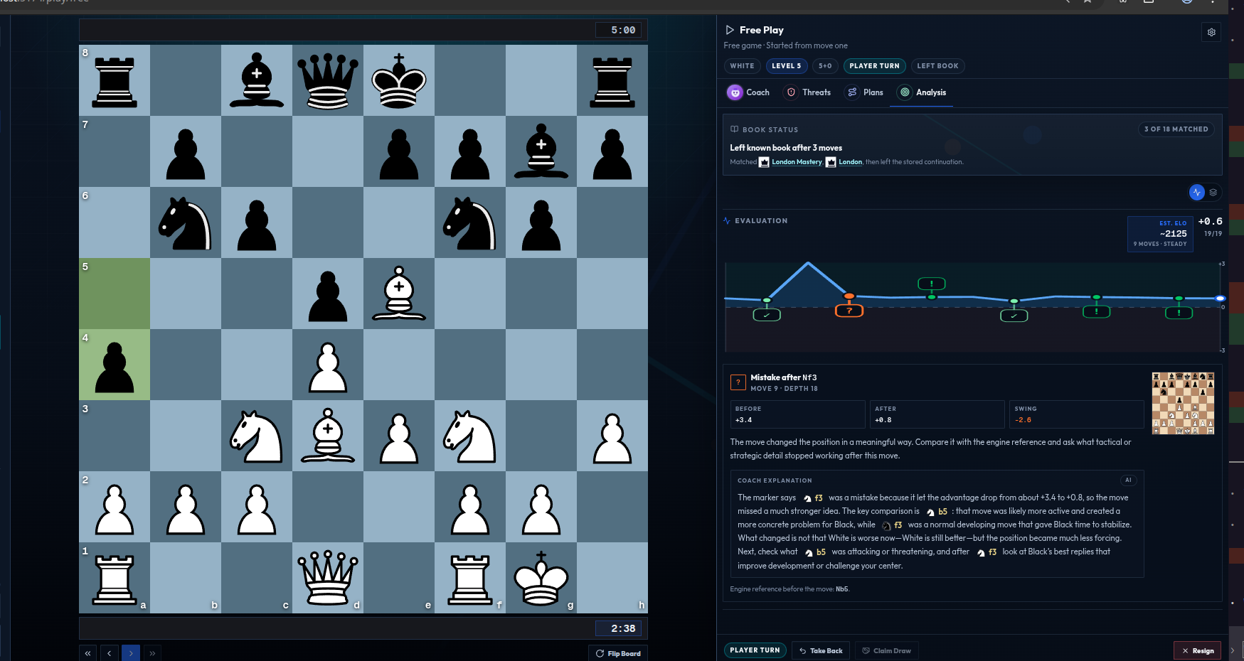 Play With Theory showing a chess position, engine evaluation, and AI coach explanation together